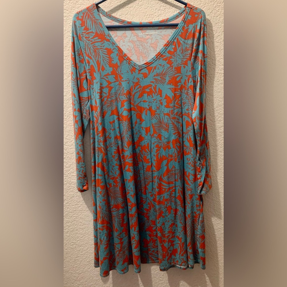 Soft Surroundings Teal and coral Floral Long Sleeve Dress